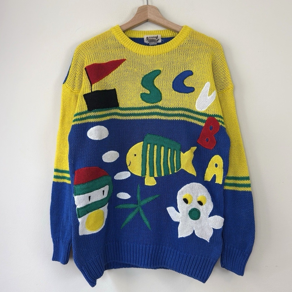 Vintage 90's Gerard Works Scuba Underwater Animal Art Knit Sweater Rare - Medium